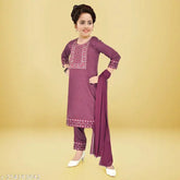 Embroidered A-line Salwar Suit Set in Art Silk - Girls Fashion, 6-7 & 7-8 years sizes